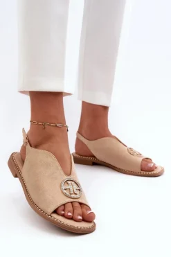 Damskie buty S.Barski Sandały Płaskie*Sandały Damskie Ze Złotą Ozdobą Eko Zamszowe S.Barski KV27-059 Beżowe