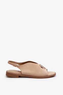 Damskie buty S.Barski Sandały Płaskie*Sandały Damskie Ze Złotą Ozdobą Eko Zamszowe S.Barski KV27-059 Beżowe