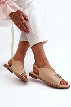 Damskie buty S.Barski Sandały Płaskie*Sandały Damskie Ze Złotą Ozdobą Eko Zamszowe S.Barski KV27-059 Beżowe