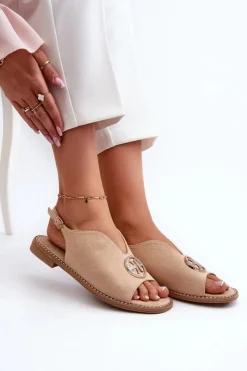 Damskie buty S.Barski Sandały Płaskie*Sandały Damskie Ze Złotą Ozdobą Eko Zamszowe S.Barski KV27-059 Beżowe