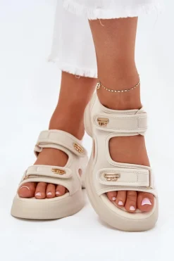 Evento Sandały Płaskie*Sandały Damskie Ze Złotymi Detalami Beżowe Luvira Beżowy