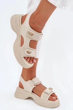 Evento Sandały Płaskie*Sandały Damskie Ze Złotymi Detalami Beżowe Luvira Beżowy