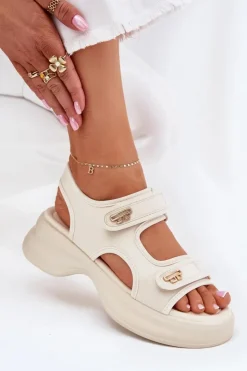 Evento Sandały Płaskie*Sandały Damskie Ze Złotymi Detalami Beżowe Luvira Beżowy