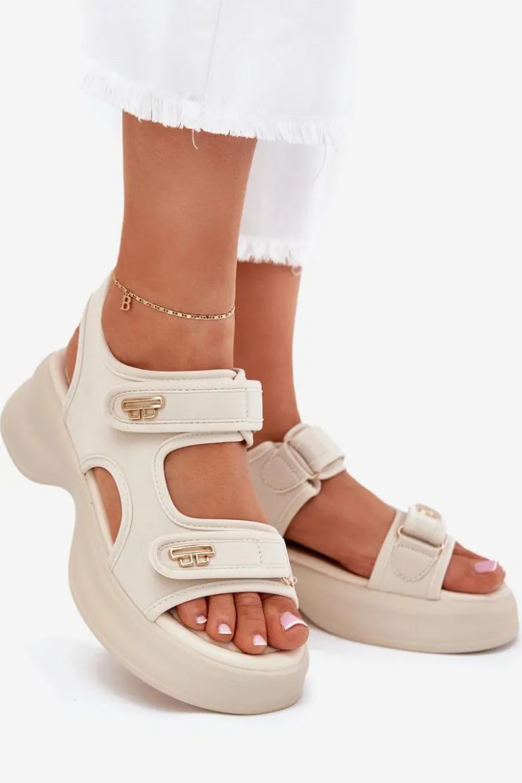 Evento Sandały Płaskie*Sandały Damskie Ze Złotymi Detalami Beżowe Luvira Beżowy