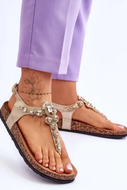 Damskie Boto Sandały Japonki Na Korkowej Platformie Złote Naomi