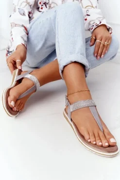 Clearance Damskie buty S.Barski Sandały Japonki Z Cyrkoniami S.Barski 701-12 Szare