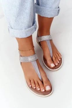 Clearance Damskie buty S.Barski Sandały Japonki Z Cyrkoniami S.Barski 701-12 Szare