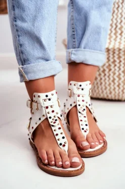 Damskie Boto Sandały Japonki Z Dżetami Lu Boo Białe