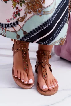 Damskie Boto Sandały Japonki Z Dżetami Lu Boo Camel