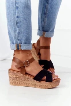 New Damskie buty S.Barski Sandały Na Koturnie S.Barski GD-38 Czarne