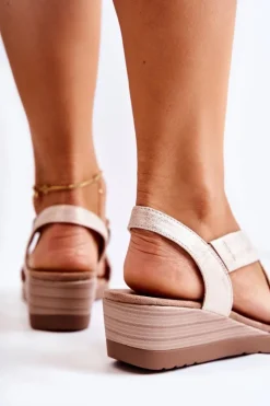 Damskie buty S.Barski Sandały Na Koturnie*Sandały Na Koturnie S.Barski BZY1A Beżowo-Złote