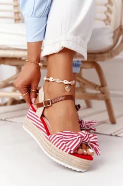 Boto Sandały Na Koturnie*Sandały Na Koturnie W Stylu Marynarskim Czerwone La Isla Bonita
