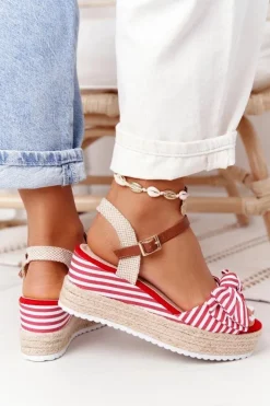 Boto Sandały Na Koturnie*Sandały Na Koturnie W Stylu Marynarskim Czerwone La Isla Bonita