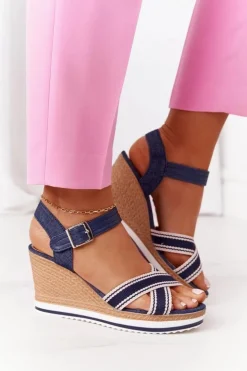 Damskie Boto Sandały Na Koturnie W Stylu Marynarskim Granatowe Sea Wave