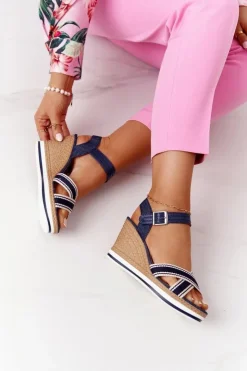 Damskie Boto Sandały Na Koturnie W Stylu Marynarskim Granatowe Sea Wave