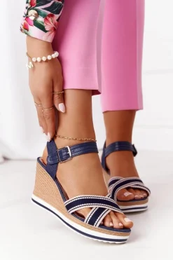 Damskie Boto Sandały Na Koturnie W Stylu Marynarskim Granatowe Sea Wave