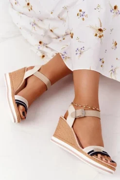 Boto Sandały Na Koturnie*Sandały Na Koturnie W Stylu Marynarskim Beżowe Tropical