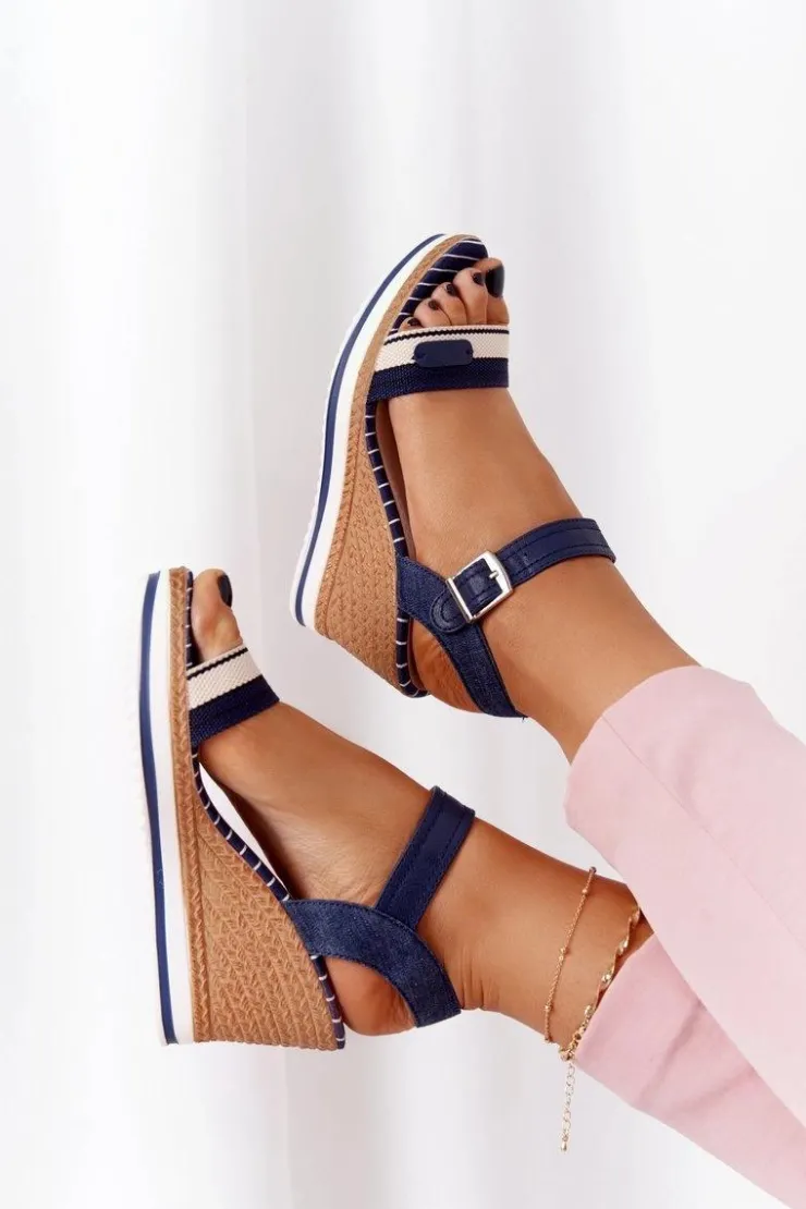 Boto Sandały Na Koturnie W Stylu Marynarskim Granatowe Tropical