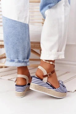 Damskie Boto Sandały Na Koturnie W Stylu Marynarskim Niebieskie La Isla Bonita