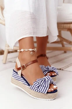 Damskie Boto Sandały Na Koturnie W Stylu Marynarskim Niebieskie La Isla Bonita