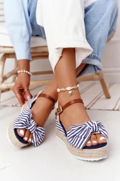 Damskie Boto Sandały Na Koturnie W Stylu Marynarskim Niebieskie La Isla Bonita