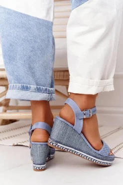 Boto Sandały Na Koturnie*Sandały Na Koturnie Z Cekinami Niebieskie Scilla
