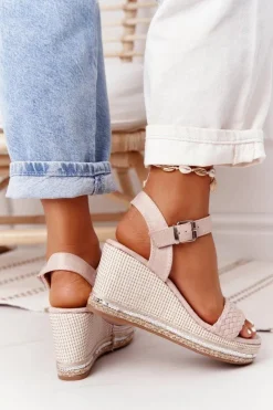 Damskie Boto Sandały Na Koturnie Z Cekinami Beżowe Scilla