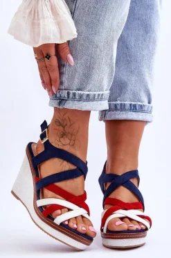 Damskie Boto Sandały Na Koturnie Z Paseczkami Granatowe Ellen