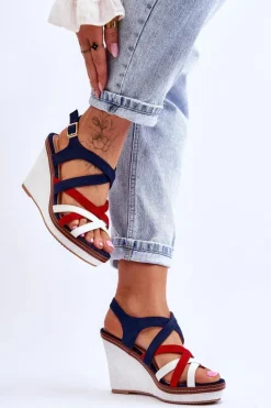 Damskie Boto Sandały Na Koturnie Z Paseczkami Granatowe Ellen