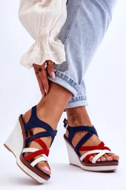 Damskie Boto Sandały Na Koturnie Z Paseczkami Granatowe Ellen