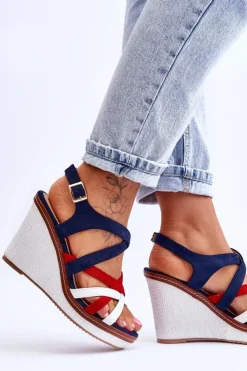 Damskie Boto Sandały Na Koturnie Z Paseczkami Granatowe Ellen