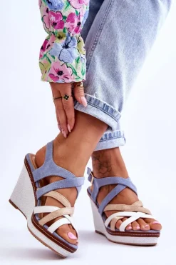 Hot Boto Sandały Na Koturnie Z Paseczkami Niebieskie Ellen