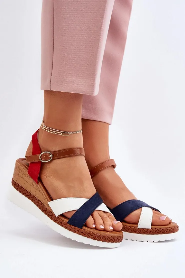 Sale Boto Sandały Na Koturnie Z Paskami Biało-Granatowe Kioda