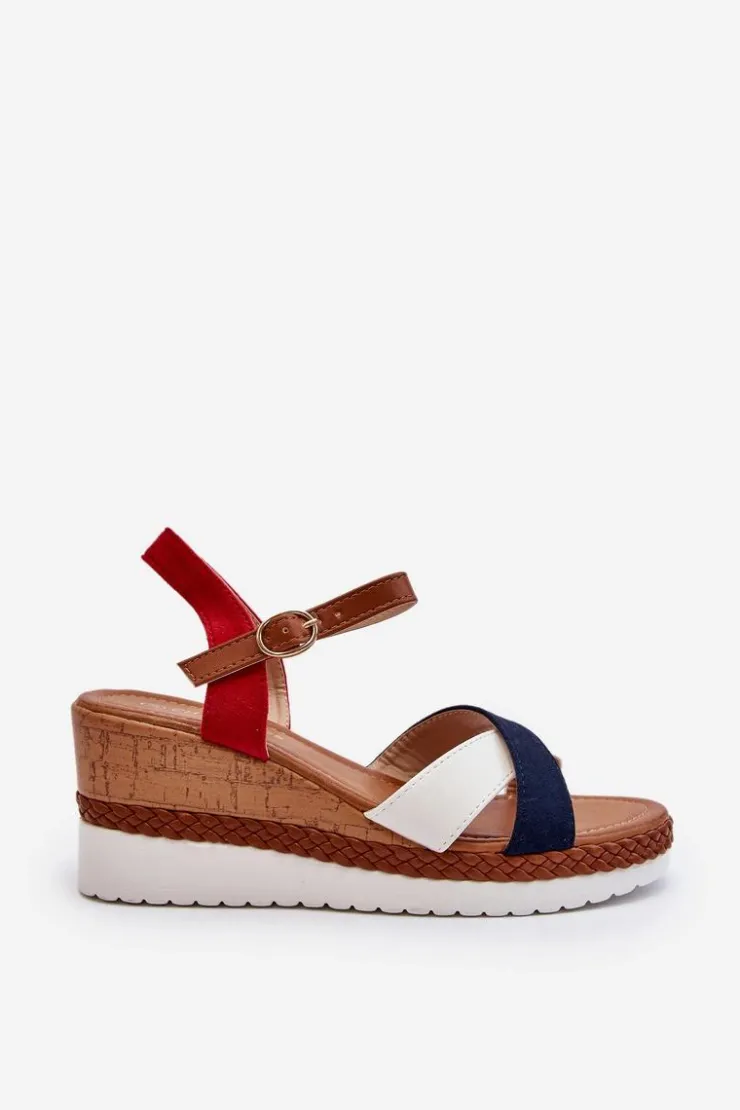 Sale Boto Sandały Na Koturnie Z Paskami Biało-Granatowe Kioda