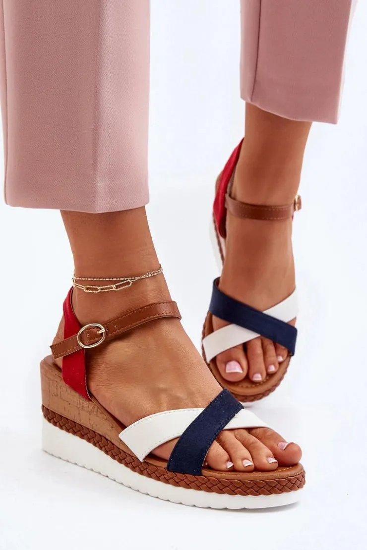 Sale Boto Sandały Na Koturnie Z Paskami Biało-Granatowe Kioda