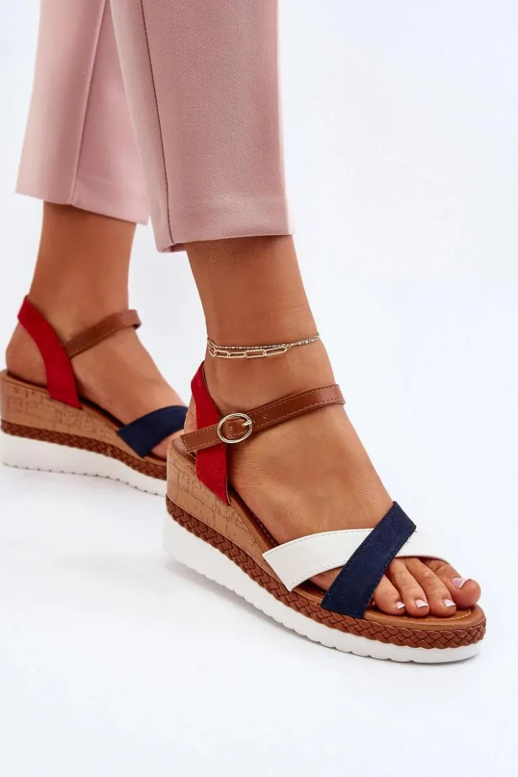 Sale Boto Sandały Na Koturnie Z Paskami Biało-Granatowe Kioda