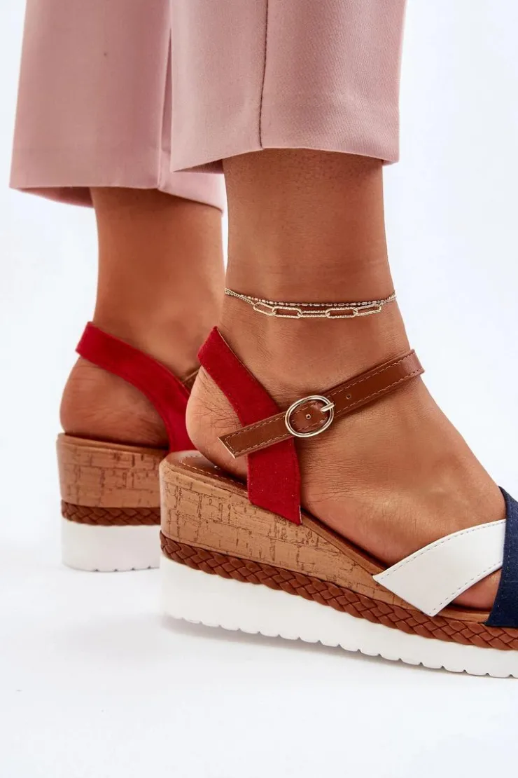 Sale Boto Sandały Na Koturnie Z Paskami Biało-Granatowe Kioda