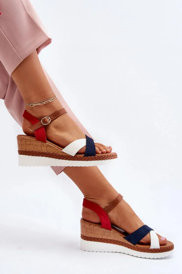 Sale Boto Sandały Na Koturnie Z Paskami Biało-Granatowe Kioda