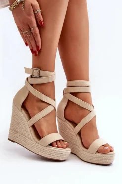 Boto Sandały Na Koturnie*Sandały Na Koturnie Z Plecionką Beżowe Salthe