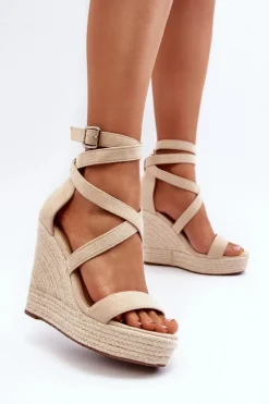 Boto Sandały Na Koturnie*Sandały Na Koturnie Z Plecionką Beżowe Salthe