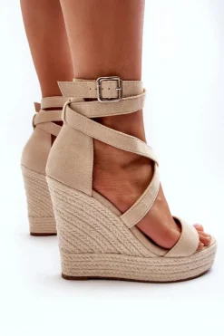 Boto Sandały Na Koturnie*Sandały Na Koturnie Z Plecionką Beżowe Salthe