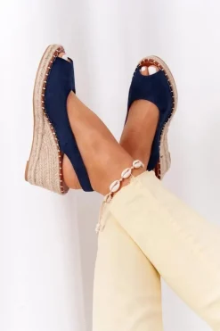 Boto Sandały Na Koturnie*Sandały Na Koturnie Z Plecionką Granatowe Las Palomas