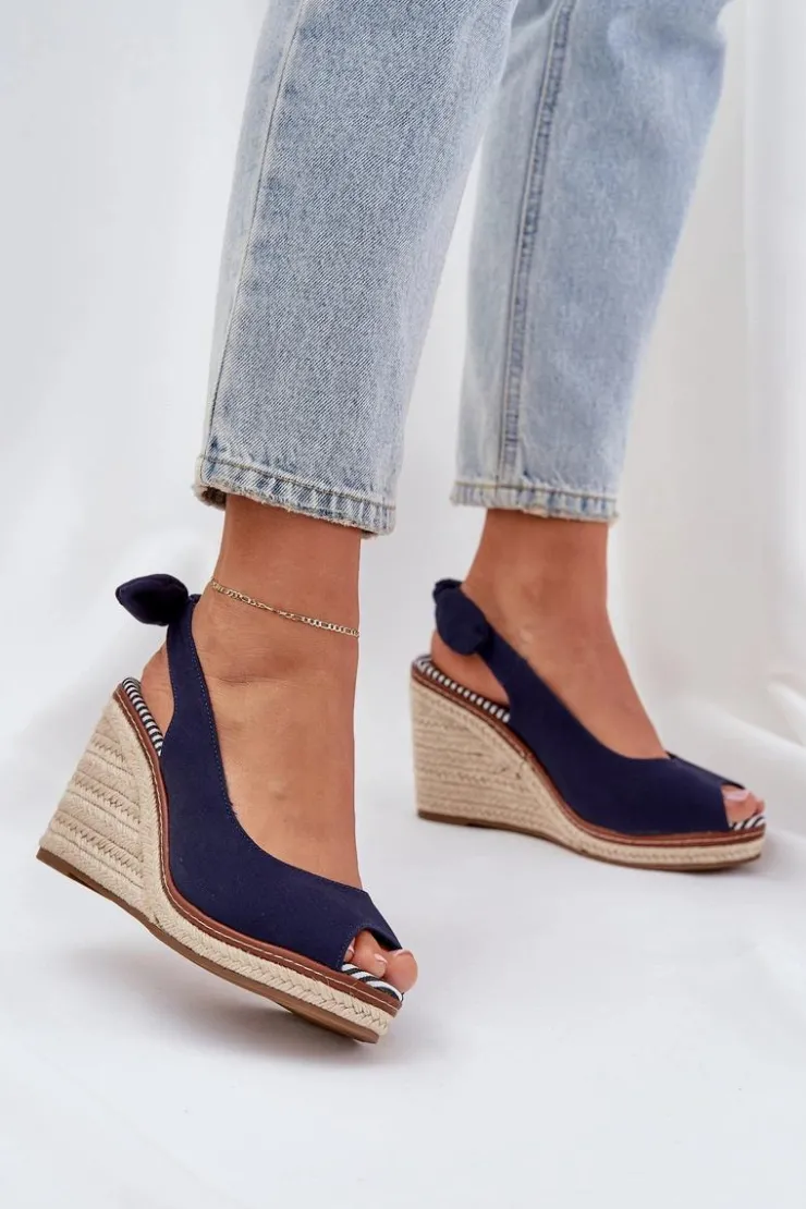 Clearance Boto Sandały Na Koturnie Z Plecionką Granatowe Nanalis Niebieski