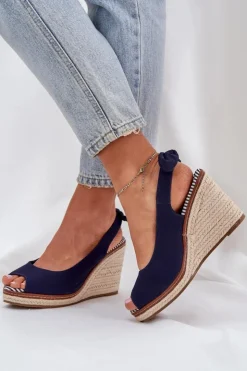 Clearance Boto Sandały Na Koturnie Z Plecionką Granatowe Nanalis Niebieski