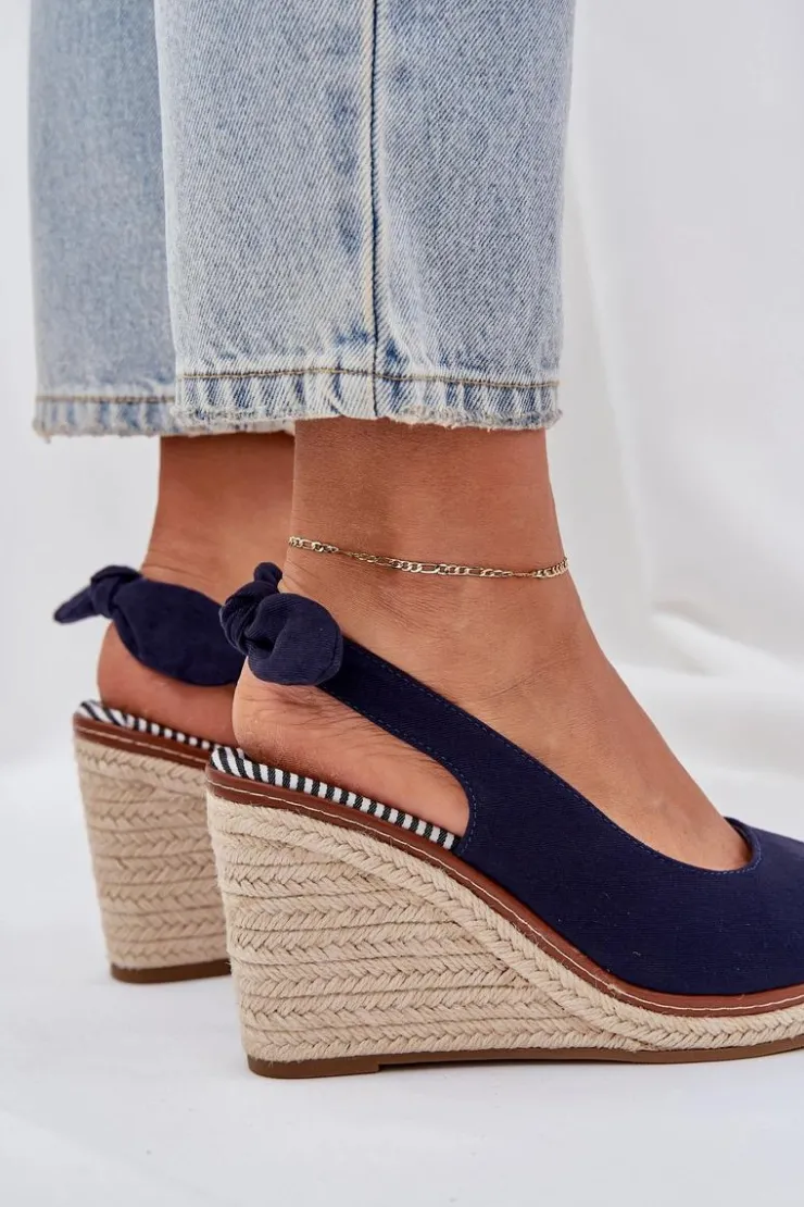 Clearance Boto Sandały Na Koturnie Z Plecionką Granatowe Nanalis Niebieski