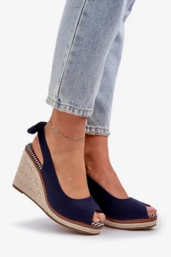 Clearance Boto Sandały Na Koturnie Z Plecionką Granatowe Nanalis Niebieski
