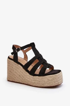 Boto Sandały Na Koturnie*Sandały Na Koturnie Z Plecionką Czarne Gnosis