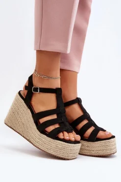 Boto Sandały Na Koturnie*Sandały Na Koturnie Z Plecionką Czarne Gnosis