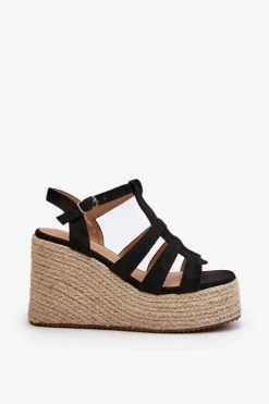 Boto Sandały Na Koturnie*Sandały Na Koturnie Z Plecionką Czarne Gnosis
