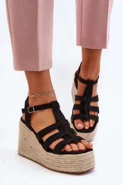 Boto Sandały Na Koturnie*Sandały Na Koturnie Z Plecionką Czarne Gnosis